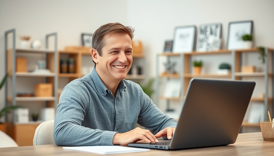 Middle-aged man smiling and gesturing at desk with laptop, home office.
