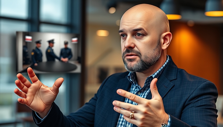 Bald man discusses police lawsuit, modern studio setting.