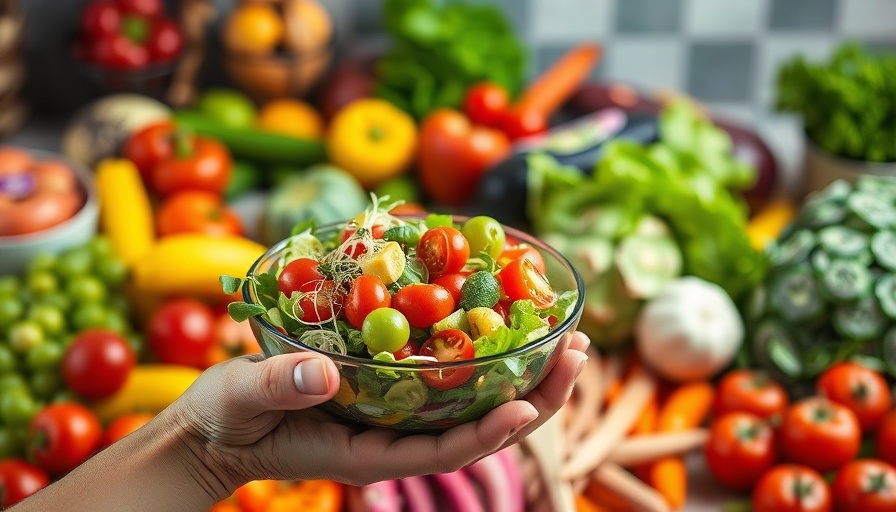 Colorful fruits and veggies with fresh salad, promoting fiber to lower PFAS.