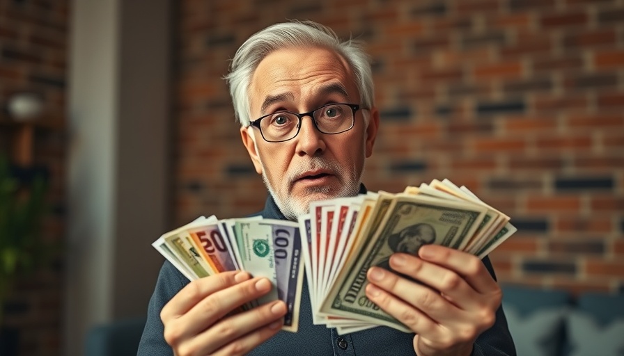 Older man managing money with colorful bills, conveying money management tips.