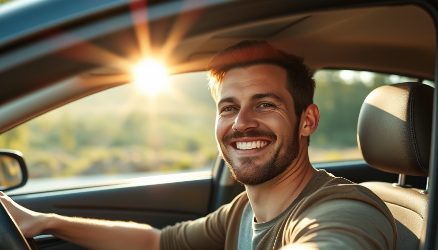 Cheerful man in car with sunlight, time travel faith thinking.