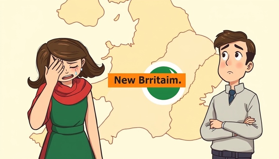 Map with 'New Pakistan' over Great Britain and expressive individuals.