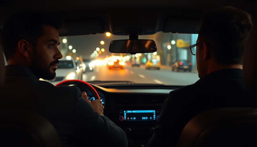Nighttime car interior with two men, one circled, in conversation.