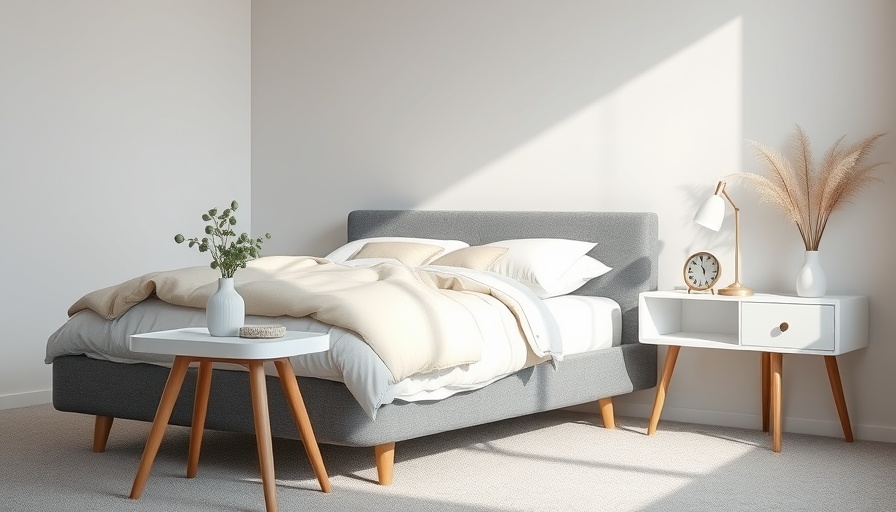 Minimalist bedroom with gray bed and white table, tranquil ambiance.