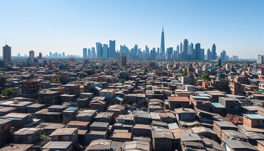 Urban disparity with slums and skyline, highlighting poverty and development.