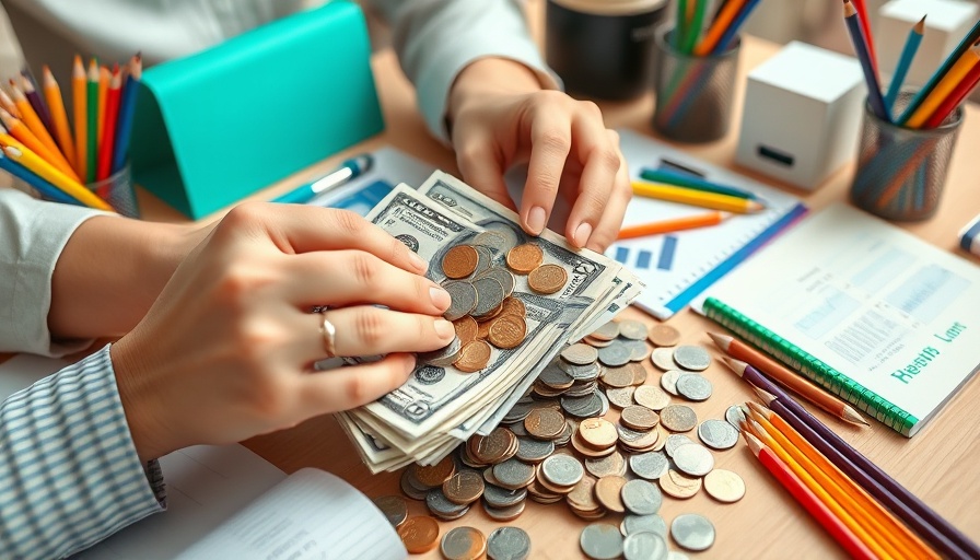 Budgeting hacks visual for first-time buyers showing organized money and tools.