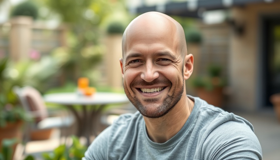 Smiling bald man sitting outdoors in a patio setting