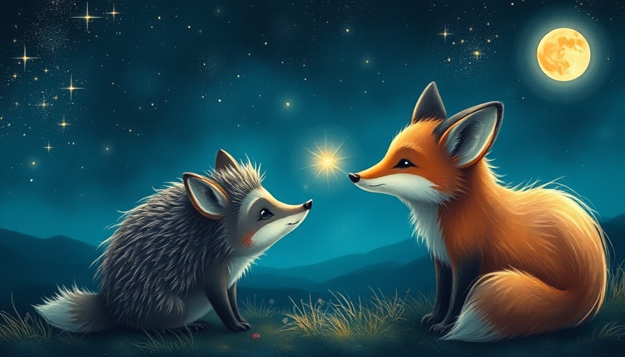 Fantasy fox and hedgehog in starlit landscape.