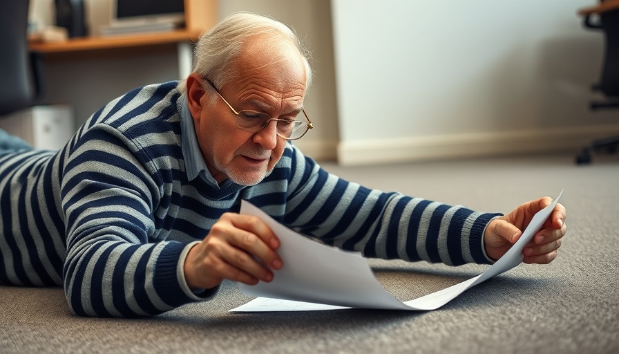 Man in office, striped sweater, on floor, reaching for paper, Oscar-worthy expressions.