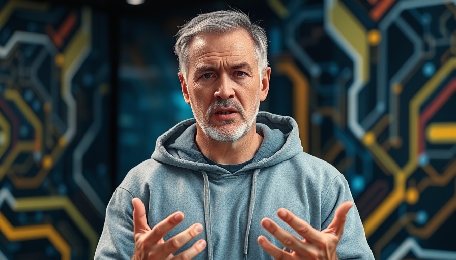 Man in gray hoodie discussing serious topic in tech setting.