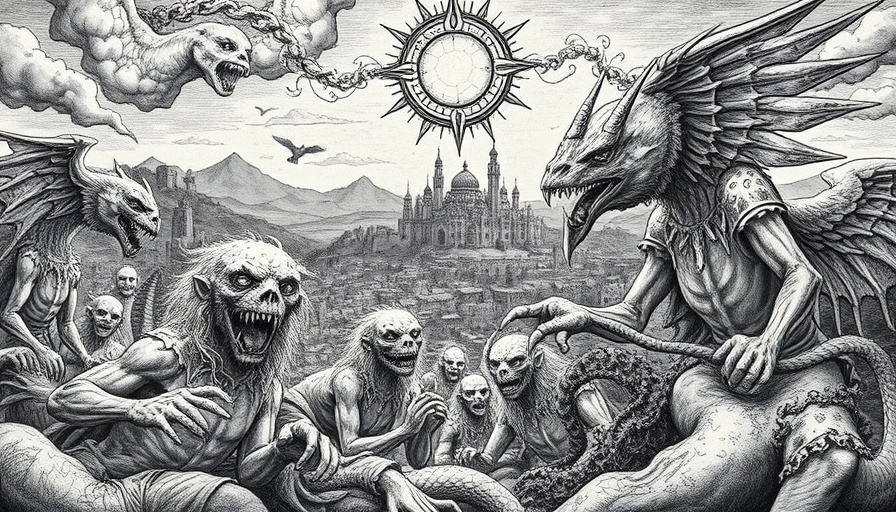 Apocalyptic scene with mythical creatures and ancient city.