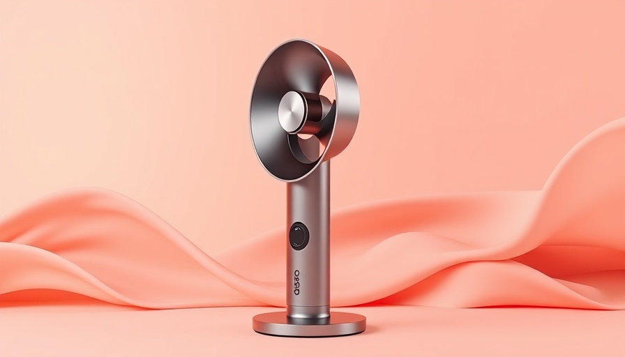 Modern Dyson fan on abstract peach backdrop.