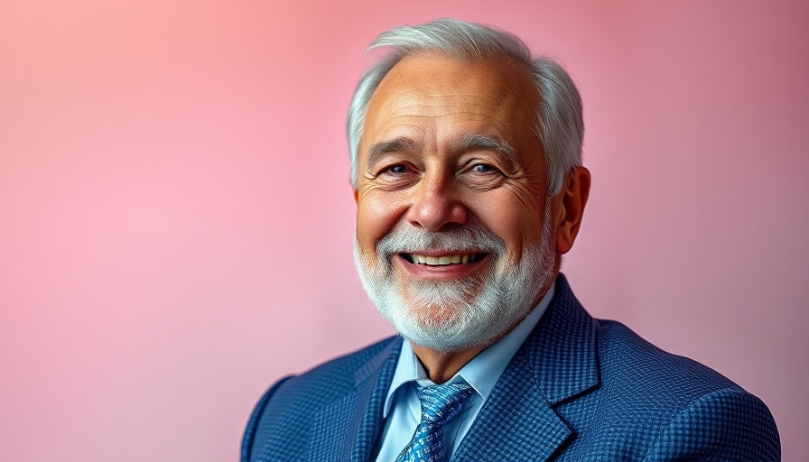 Older gentleman in blue suit, smiling against gradient background.