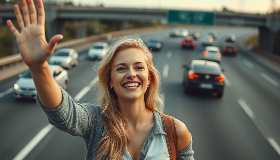 Carefree woman with arm raised driving on highway, exploring.