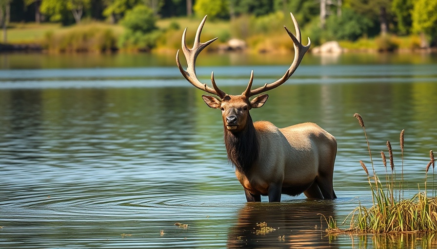 Elk standing in lake surrounded by lush greenery, symbolizing reintroduction.