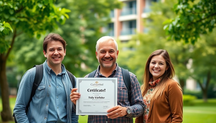 Three people outdoors receiving Crawick Multiverse Biosphere Accreditation.
