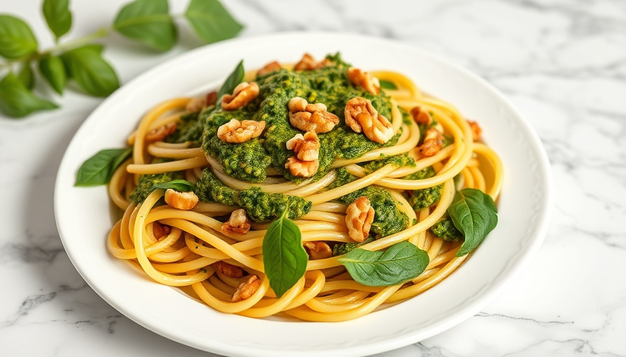 Walnut Spinach Pesto Recipe pasta dish on ceramic plate.