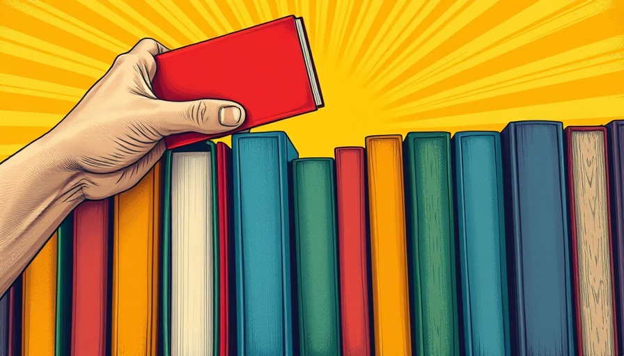 Vintage illustration of books with a hand selecting one, vibrant background.