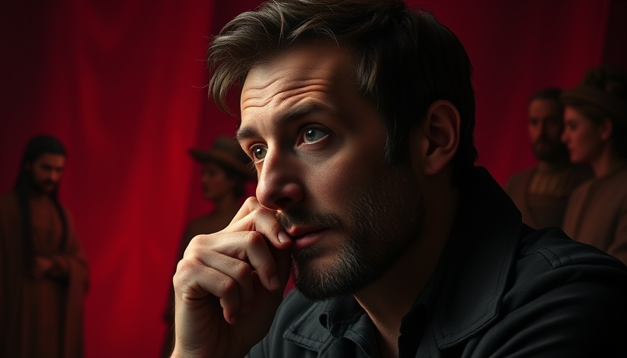 Thoughtful man pondering existential questions with historical photo backdrop.