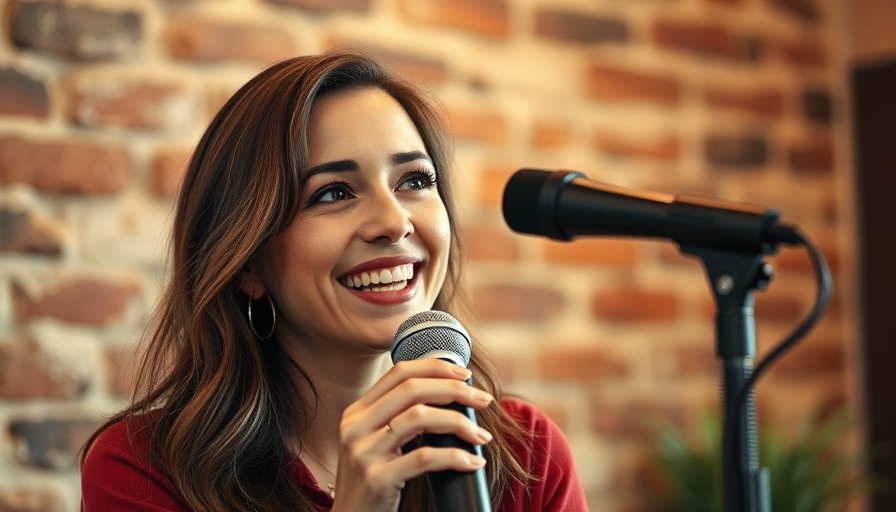 Church family change example, woman speaking warmly into a microphone.