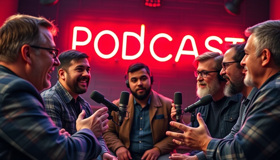 Engaging podcast discussion with men talking under neon sign, vibrant.