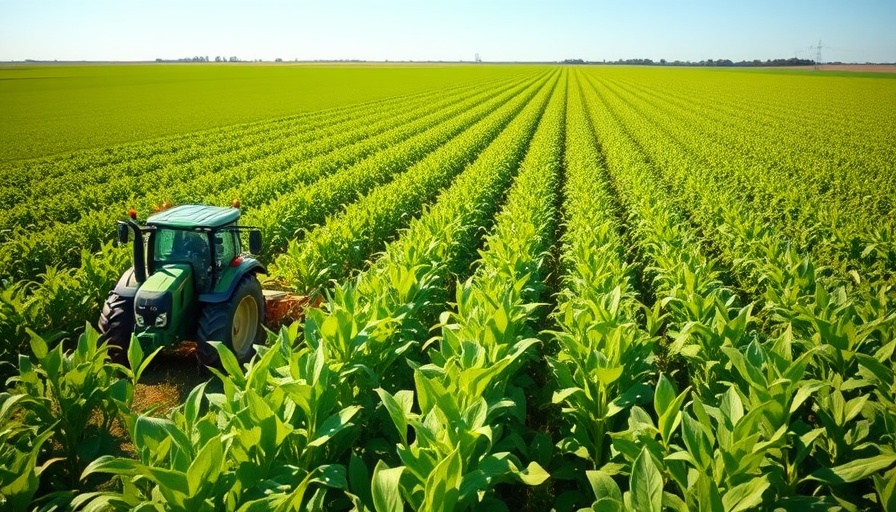 Farmers transitioning to organic agriculture with tractor in soybean field