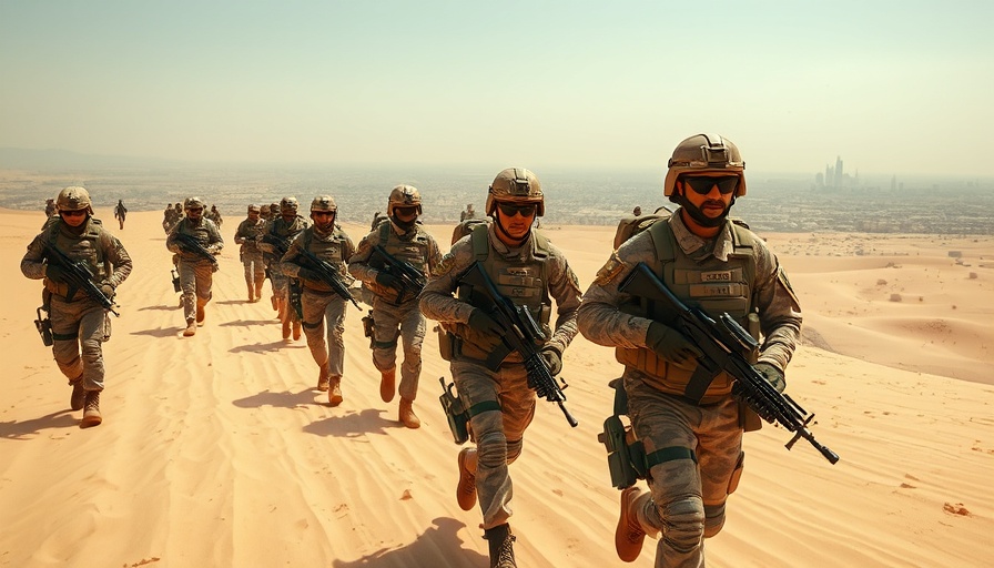Military operations on desert terrain under clear sky.