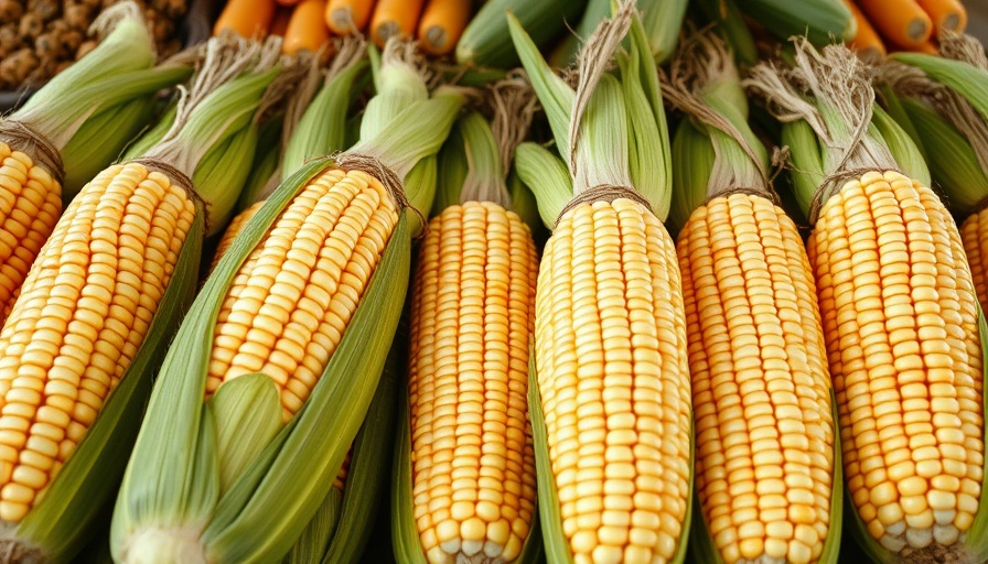Fresh corn on the cob with even number of rows at market.