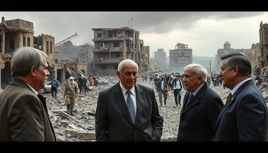 Middle East peace negotiations in a devastated cityscape.
