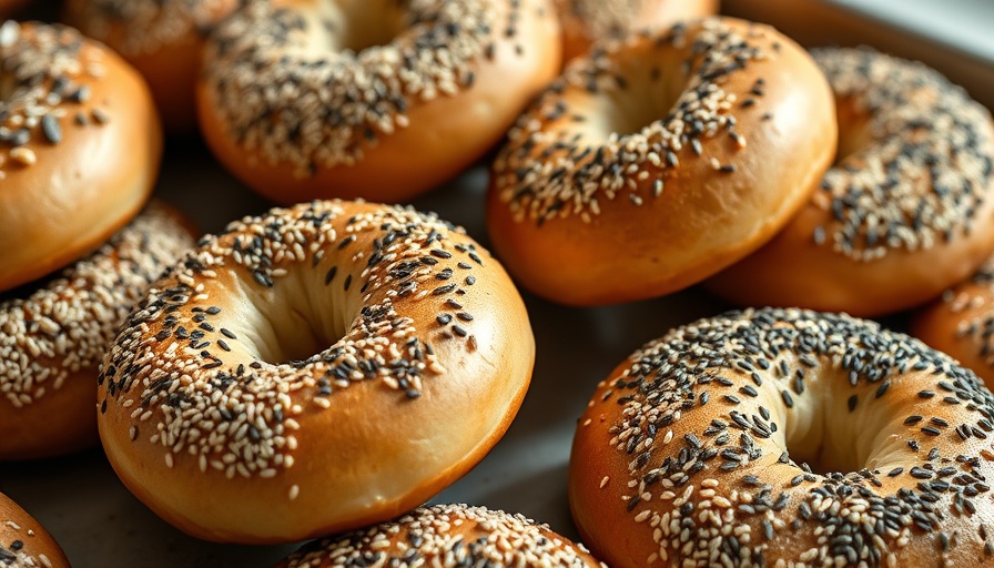 Golden-brown sesame seed bagels and poppy seed bagels on a tray.