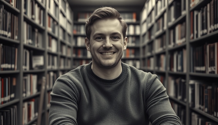 Calm male in a library setting, relaxed and smiling, related to 0% deposit mortgages.