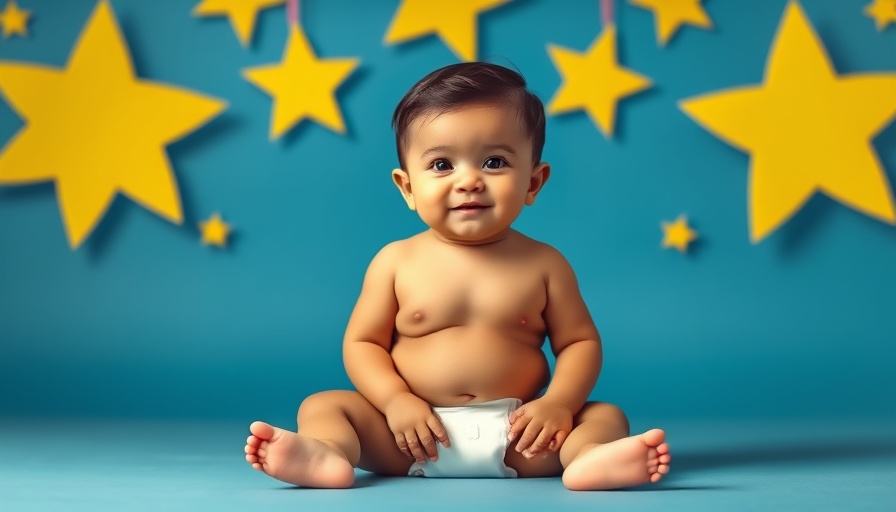 Adorable baby in diaper on vibrant blue and yellow star background.