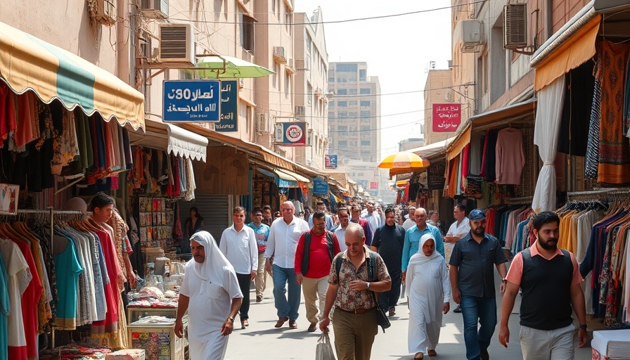 Bustling market street scene with colorful stalls and people.