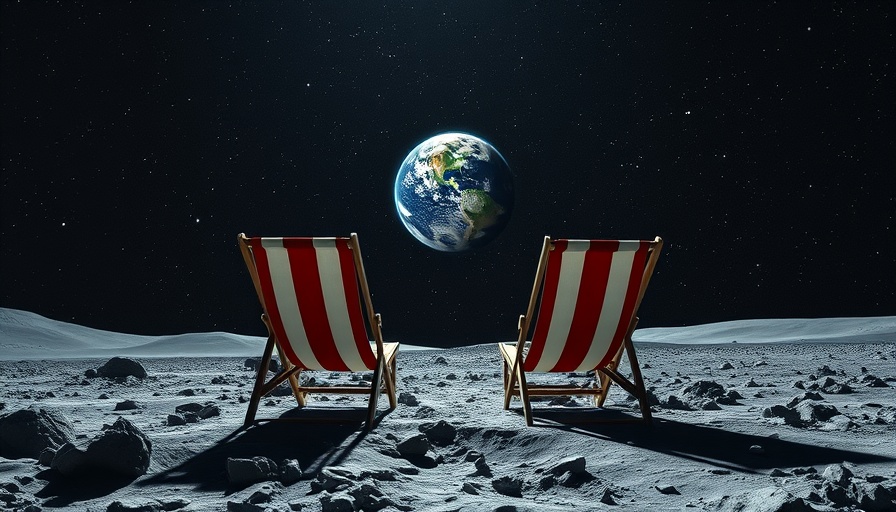 Space tourism scene: deck chairs on the moon facing Earth.