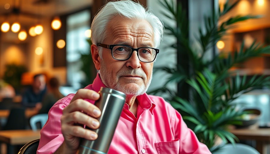 Elderly man in cafe skipping Starbucks, holding a coffee thermos.