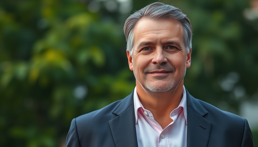 Middle-aged man smiling, dressed in suit outdoors with greenery.