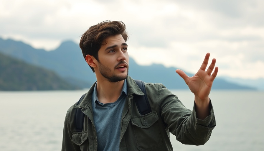 Young man discussing Council of Nicaea history by a lake