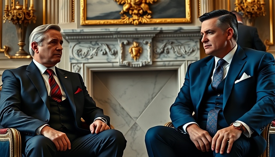 Two distinguished men conversing in an ornate room.