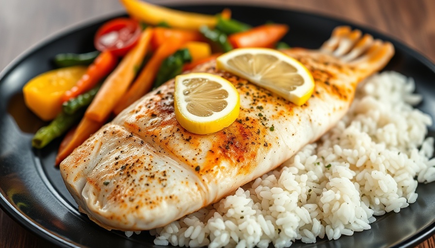 Flounder Francaise with rice and vegetables on black plate.