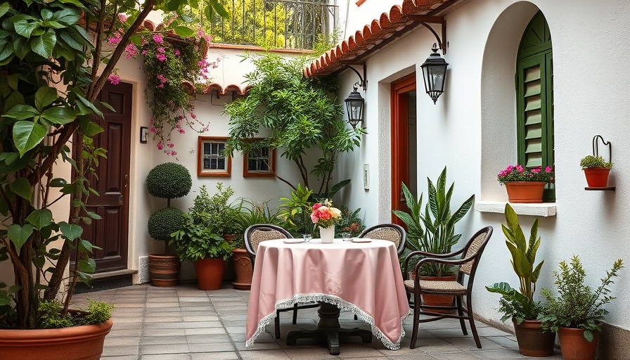 Charming café garden outdoor dining setting with a pink tablecloth.