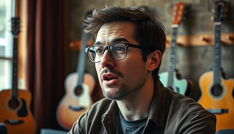 Casual man discussing investment strategies in a guitar-decorated room.