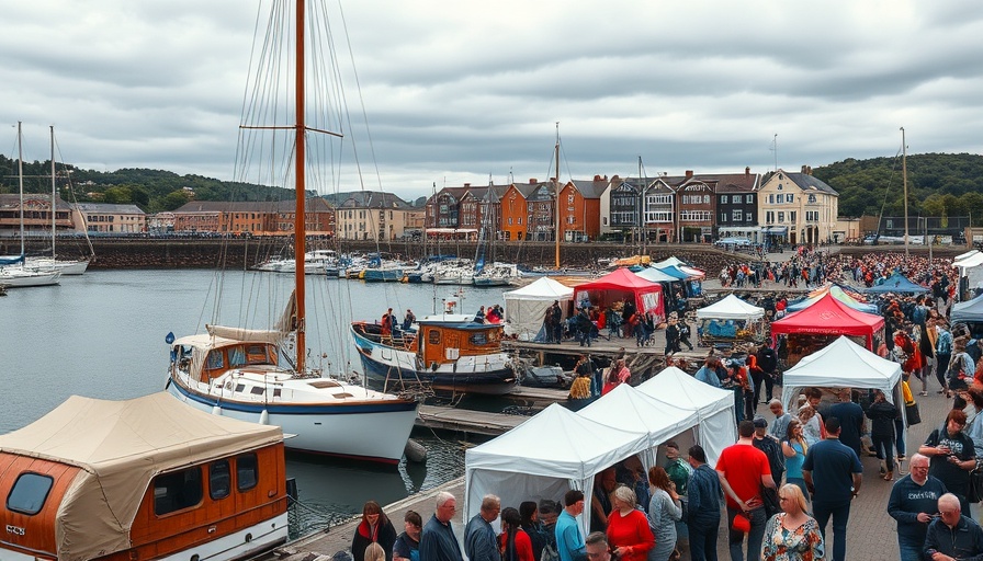 Annan Harbour with festive sailboat and lively crowd at event.