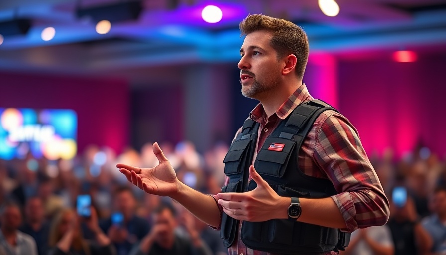 Man in tactical vest addressing audience at event, vibrant lighting.