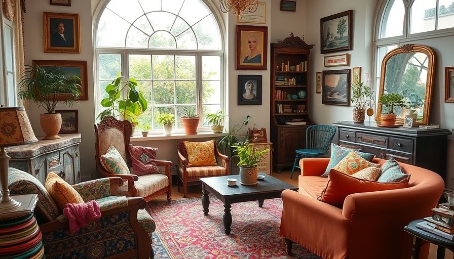Eclectic living room with vibrant decor and antique touches.