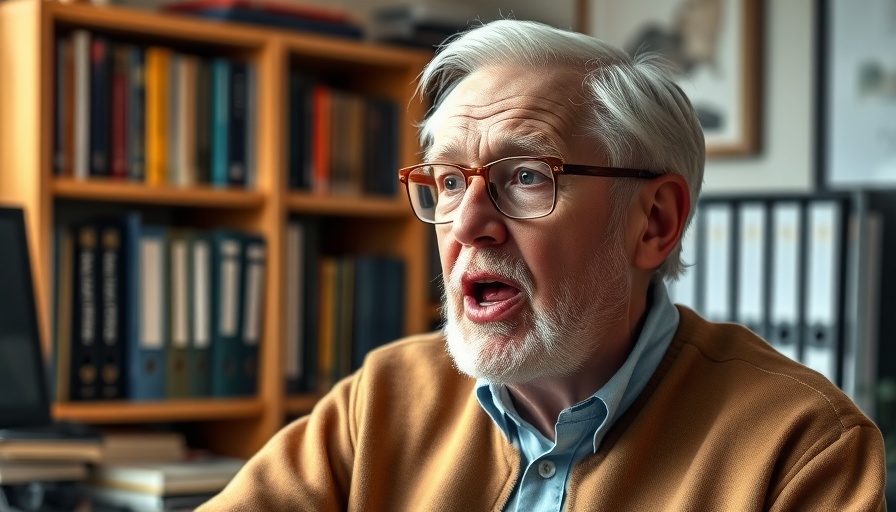 Elderly man speaking passionately indoors, natural lighting.