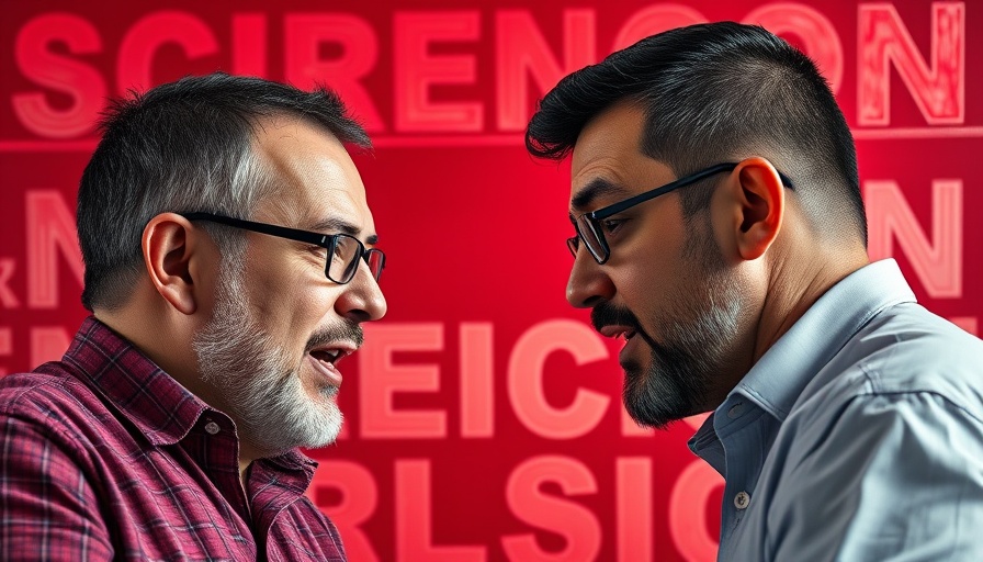 Discussion on science and faith relationship depicted by two men with contrasting expressions.