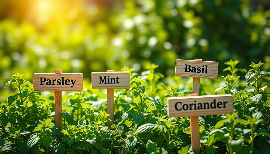 Thriving herb garden with labeled plants in bright sunlight.