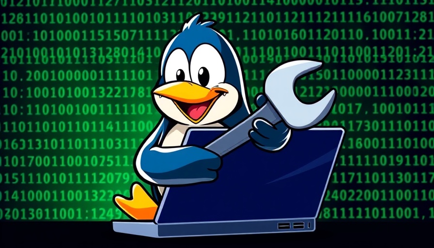 Cartoon penguin with wrench from laptop for Linux troubleshooting solutions.