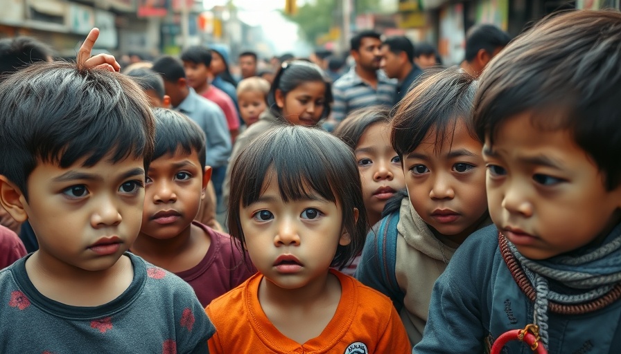 Distressed children waiting in Gaza amidst crisis.