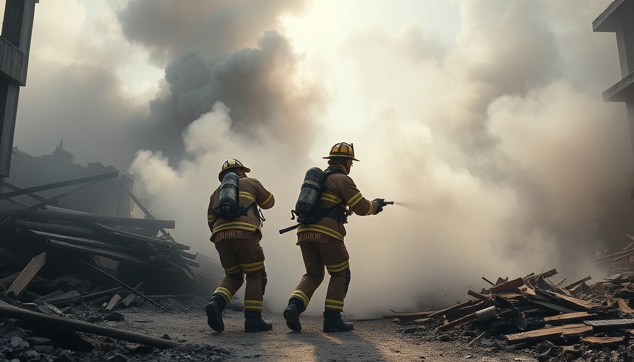 Firefighters responding to air attack aftermath in Ukraine, smoke and ruins visible.